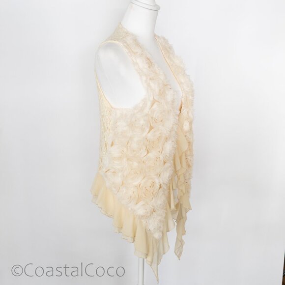 Pretty Angel Ivory Floral Rosette Ruffle Vest L Silk Blend Whimsical Festival - Picture 2 of 12